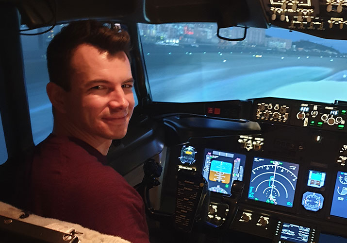 Tom Gough in a flight simulator